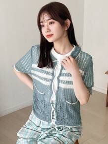 FRIFUL Camisa de mujer con cuello Peter Pan, de manga corta, a rayas, con apertura y botones delanteros - Verde - Ver 7
