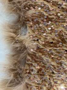 Women's Long Sleeve Sequin Embellished Feather Hem Slim Fit Jumpsuit, Suitable For Parties And Gatherings Wedding Spring Party - Gold - View 6