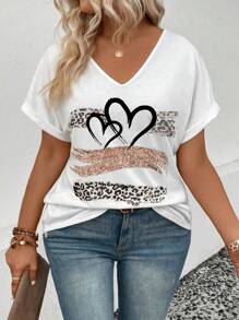 INAWLY 大码豹纹印花心形图案短袖 T 恤夏季图案猎豹印花 T 恤女式上衣 - 白色 - 查看 6