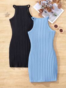 SHEIN 2 Pièces/ensemble Robe D'été Pour Filles Adolescentes Sportives, Douce Et Fraîche En Tricot Massif À Bretelles Croisées