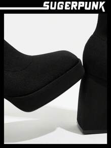 Sugerpunk Women's Shoes Minimalist Square Toe Platform Chunky Heeled Black Sock Boots For Summer For And Spring Shoes Spring Break Easter