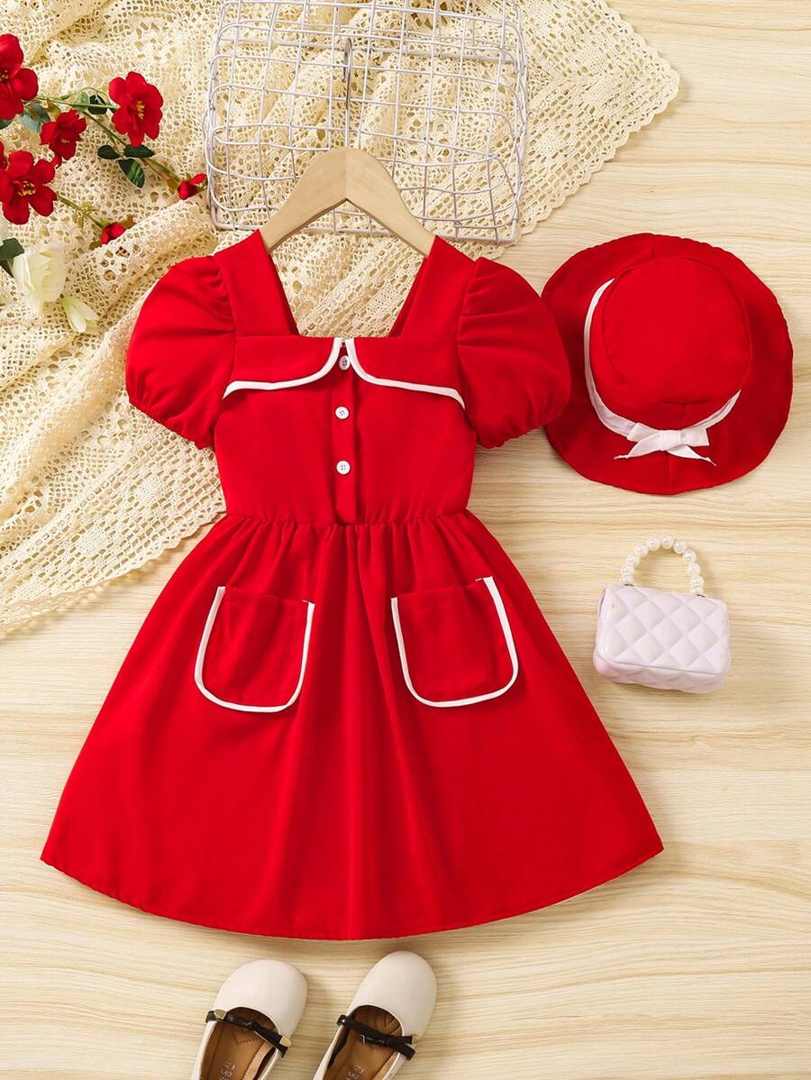 SHEIN Young Girl's Elegant Urban College Style Cap Sleeve Bubble Hem Dress With Hat For Evening Party In Spring/Summer - Red - View 1