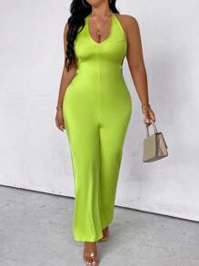 Maweii Plus Size Halter Neck Solid Color Sleeveless Jumpsuit With Backless Design - Green - View 2