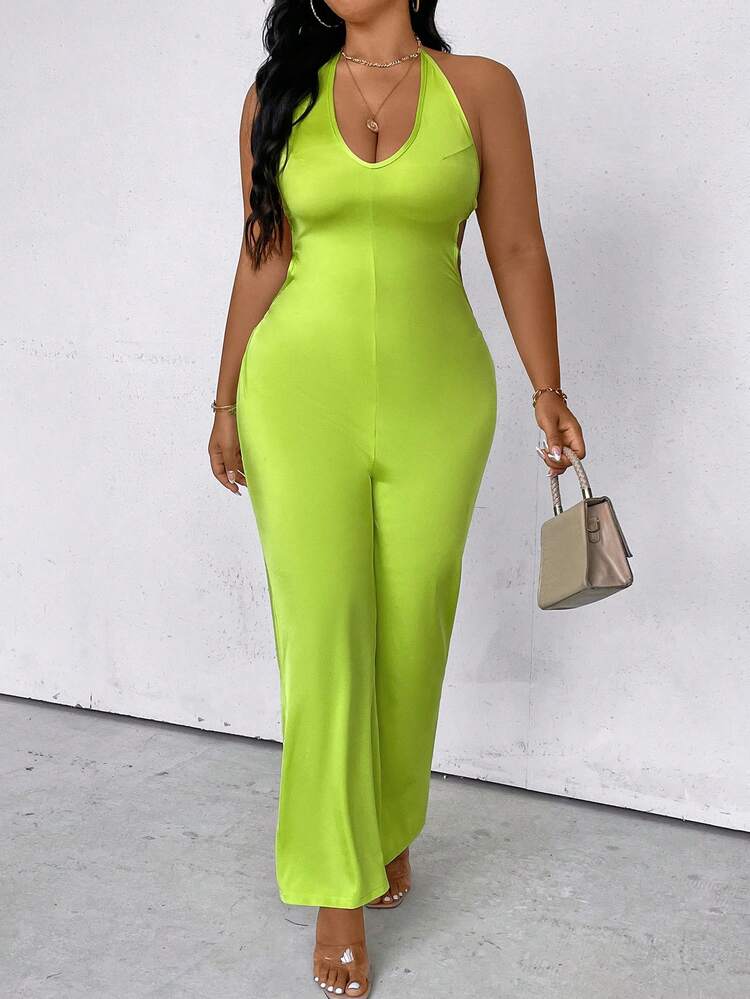 Plus Size Halter Neck Solid Color Sleeveless Jumpsuit With Backless Design