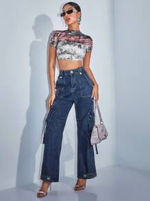 SHEIN BAE Speckled Distressed Tie-Dye Letter Print Sexy Backless Y2k Fitted Tee, Suitable For Summer Outing, Women T-Shirt