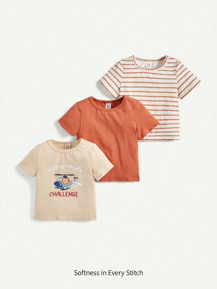 Cozy Pixies Baby Boy Cartoon Pattern Round Neck Short-Sleeved T-Shirt Three-Piece Set - Apricot - View 1