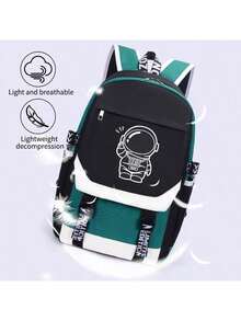 荧光色背包套装，含铅笔盒，大容量，超大尺寸，防刮耐用，是度假、旅行、通勤、商务、高中等场合的理想之选，简约休闲卡通时尚街头风格，双色设计，适合学生、男士、青少年。 - 黑色 - 查看 5