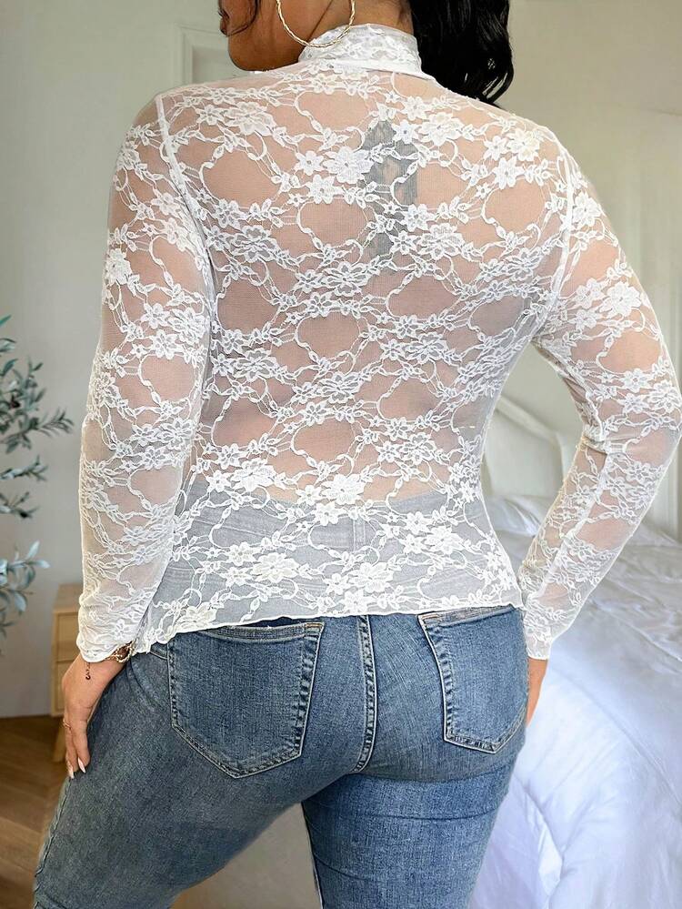 Plus Size Women's Stand Collar Lace Long Sleeve Top