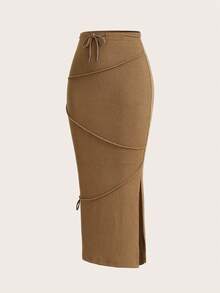 Franclia Chân váy chữ A ôm sát màu trơn dành cho nữ, họa tiết hoa ngẫu nhiên. - Màu Khaki - Xem 4