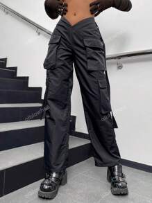 Street Vibes Tape Flap Pocket Side Cargo Parachute Pants