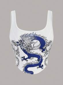 SHEIN EZwear Women's Summer Dragon Printed Tank Top - White - View 1