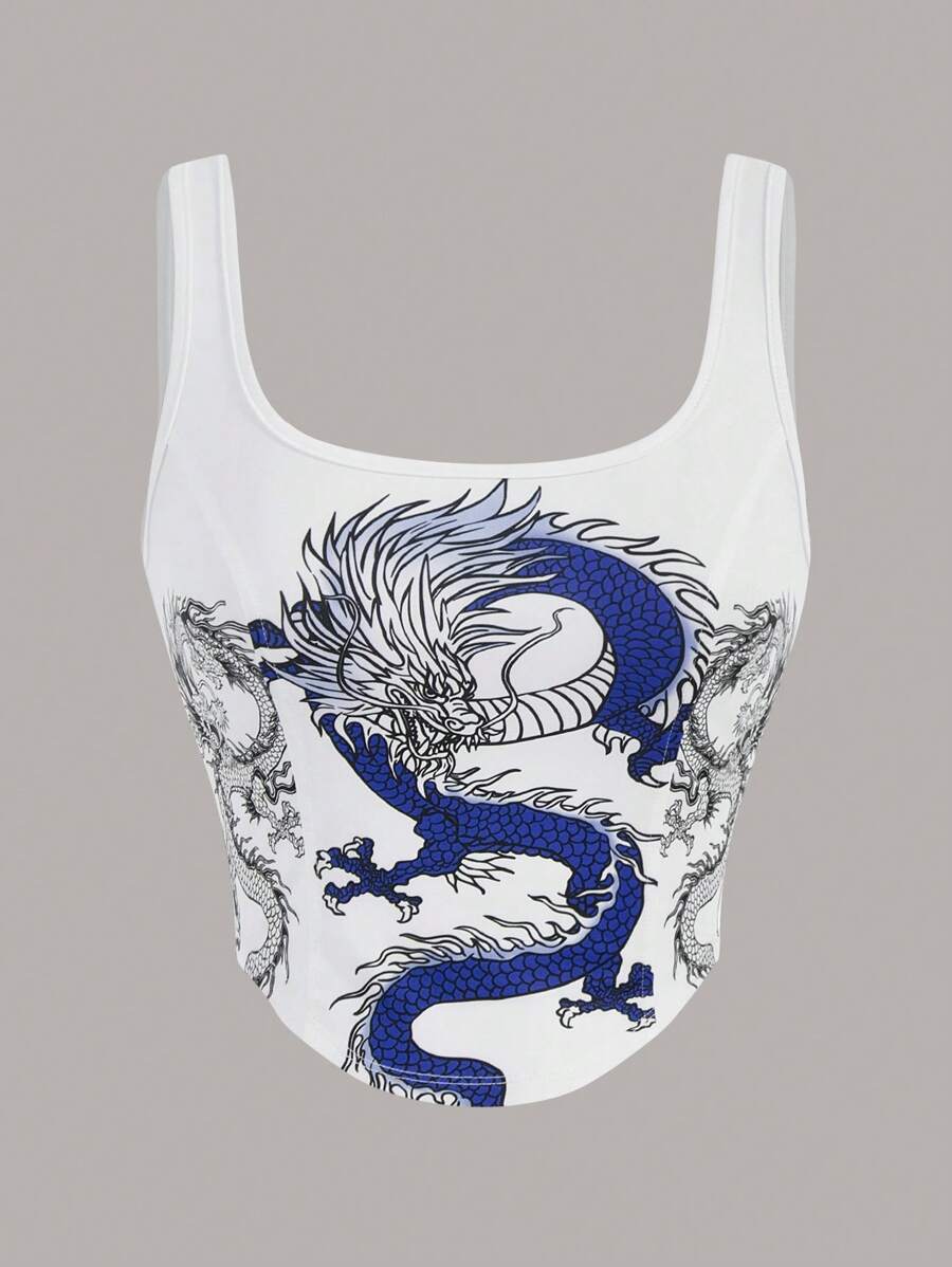 SHEIN EZwear Women's Summer Dragon Printed Tank Top - White - View 1