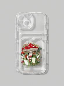 ROMWE Fairycore Funda transparente para teléfono con impresión de rana y seta, protección completa de la lente de la cámara, diseño único de inserción de tarjeta, compatible con iPhone