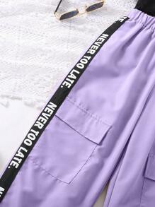 Teen Girl Letter Print Short Sleeve T-Shirt And Pocket Design Long Pants 2pcs/Set - Purple - View 6