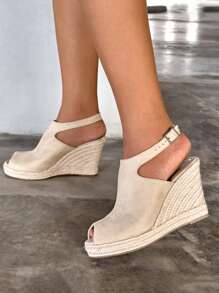 Styleloop 女性搭扣裝飾魚嘴淺口坡跟鞋,度假杏仿麂皮鞋 - 杏色 - 查看 1