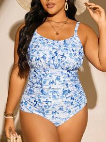 Swim Lushoire Plus Size Summer Beach Plant Print Ruched Slimming One-Piece Swimsuit - White - View 5