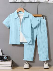 SHEIN Young Boy Solid Texture Short Sleeve Shirt And Pants Two Pieces Set - Blue - View 1