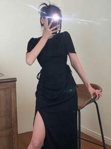 DAZY 休闲夏季短袖褶裥开衩连衣裙太阳裙 - 黑色 - 查看 3