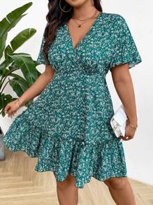 Breezaya 大尺碼夏日假期花卉印花裙子,有荷葉邊和帝國腰身設計 - 綠色 - 查看 3