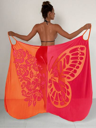 SHEIN Swim 2025 Vacation Beach Contrast Color Splicing Flower & Butterfly Print Wrap One-Piece Cover Up Summer