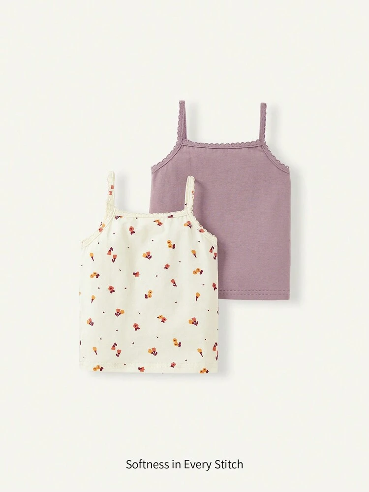 Baby Girl Casual Ditsy Floral Print Solid Color Cami Top Two-Piece Set