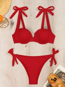 SHEIN Swim Conjunto de bikini unicolor para mujer con nudos simples en los hombros para la playa de verano - Rojo - Ver 5