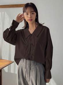 FRIFUL 女士时尚纯色蝴蝶结系带宽松衬衫长袖上衣 - 棕色 - 查看 5