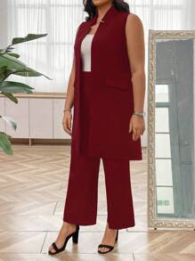 SHEIN Clasi Kích thước lớn Màu thuần Không tay Thời trang Bộ đồ Áo khoác Và Quần Bộ - Màu Đỏ Sâu - Xem 3