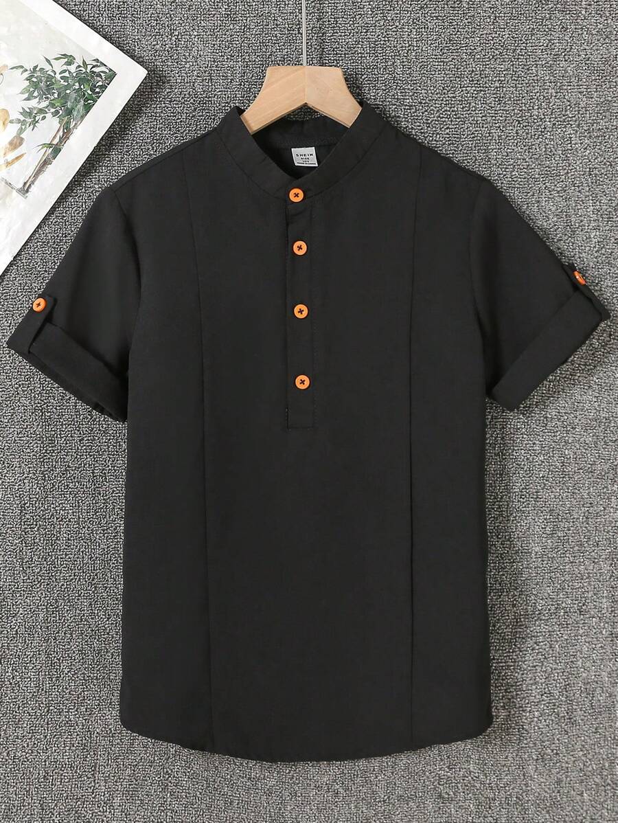 SHEIN 適用於tween男孩的鈕扣設計休閑短袖衫,適用於春夏日常穿著 - 黑色 - 查看 1