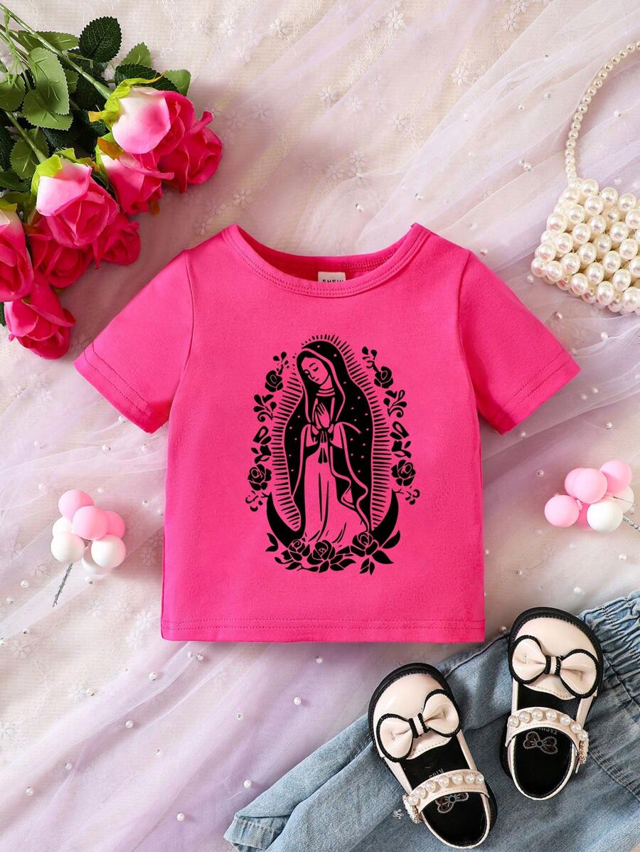 SHEIN Baby Girls' Vintage Floral Print Casual Comfortable Daily Wear Round Neck Short Sleeve Top, Summer