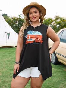 SHEIN VCAY Plus Size Coconut Tree & Letter Printed Asymmetric Hem Tank Top For Vacation, Beach, Music Festival - Black - View 4