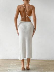 SHEIN Swim Summer Beach Women Hollow Out Waist-Baring Off Shoulder Solid Knitted Cover Up