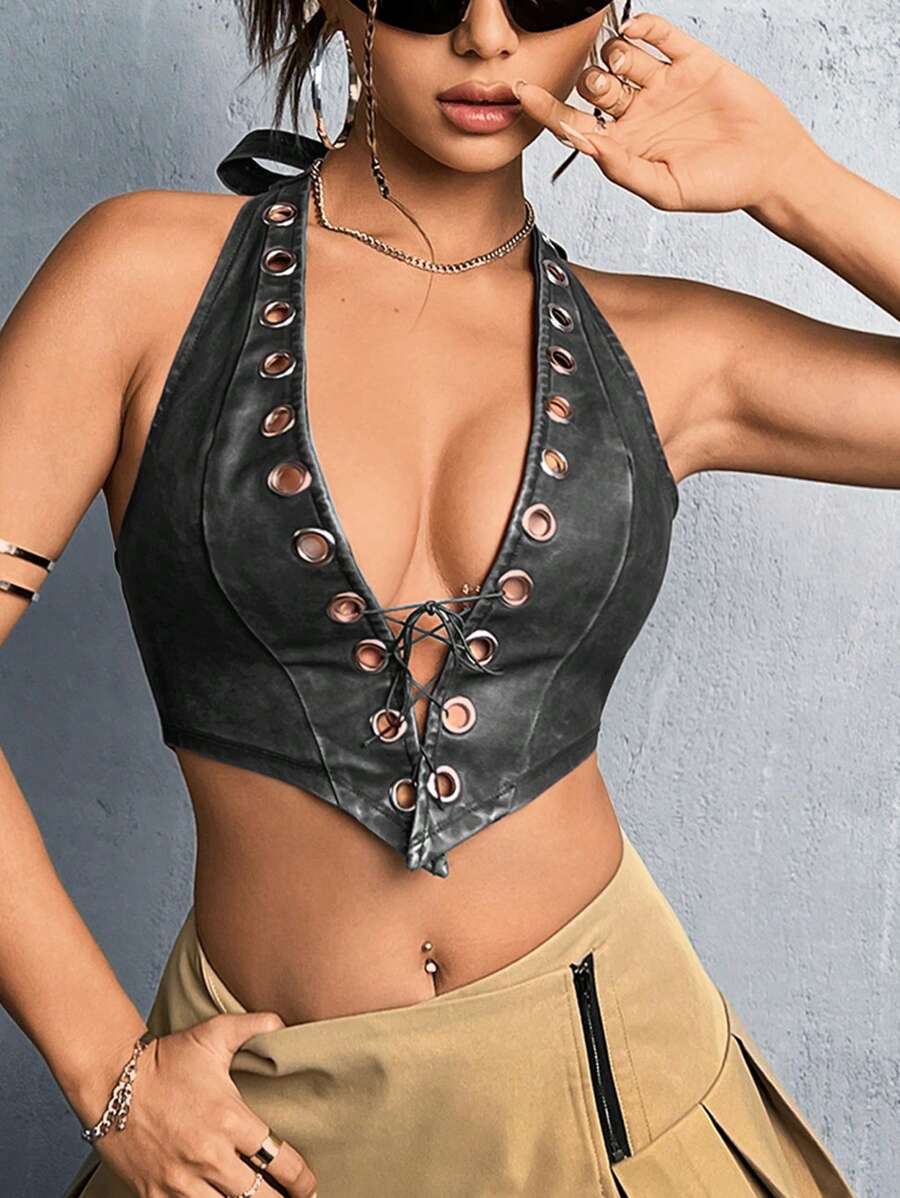 SHEIN ICON Ladies' Y2K Grunge Deep V Neck Halter Cropped Top With  Tie - Dark Grey - View 1