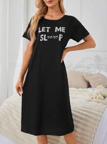 Doze Lane Summer Casual Short Sleeve Sleep Dress Pajama Dress With Words And Eyelashes Print, Moo Moo Sleep Dress