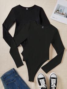 SHEIN Unity Body negro de cuello redondo y manga larga - Negro - Ver 4