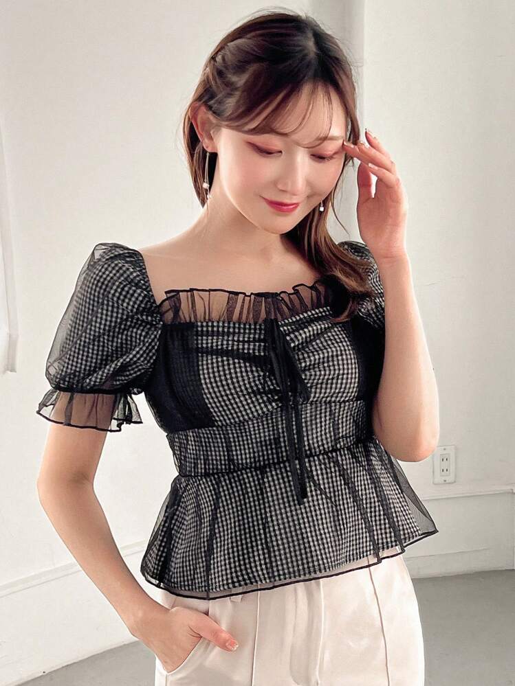 FRIFUL 여성 패셔너블 귀여운 동안 메쉬 블라우스, 러플 시스루 오프 숄더 탑