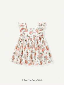 Cozy Pixies Baby Girl Floral Print Square Neckline Dress With Ruffle Trim And Waist Belt - Apricot - View 1