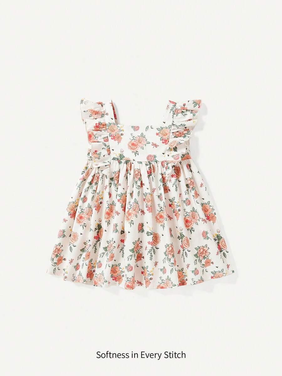 Cozy Pixies Baby Girl Floral Print Square Neckline Dress With Ruffle Trim And Waist Belt - Apricot - View 1