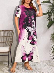 Seusyu Rochie cu mânecă scurtă cu decolteu în V cu imprimeu fluture de mărime plus - Multicolor - Vizualizare 4
