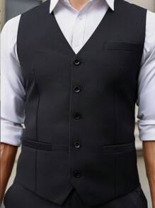 Manfinity Mode Men's Solid Color Adjustable Buckle Suit Vest, Old Money Style - Black - View 5