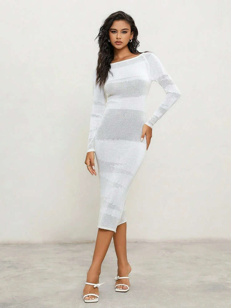 Robe Pull Slim Pour Femme De Couleur Unie Avec Col Bateau