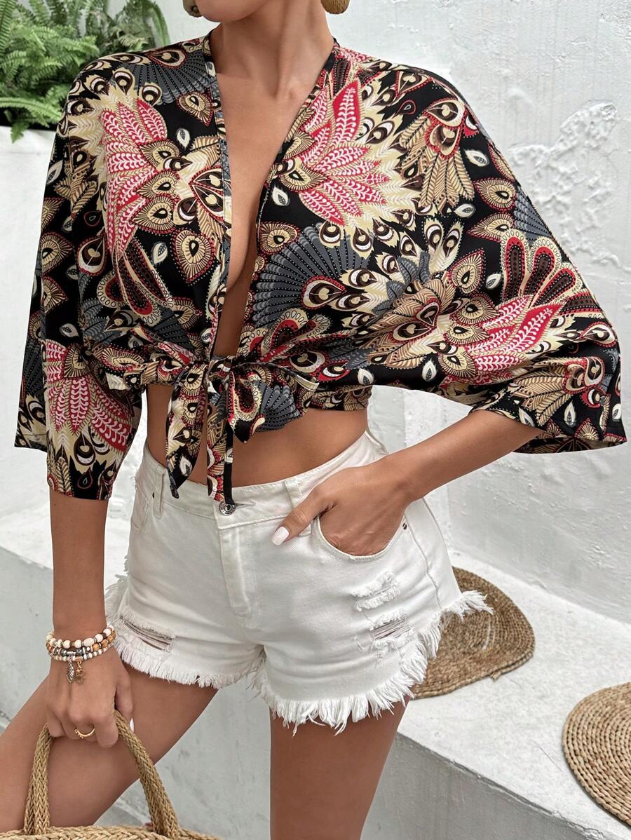 SHEIN VCAY Summer Vintage Printed Batwing Sleeve Cropped Blouse - Black - View 1