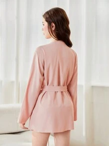 Conjunto de 3 piezas para usarse en casa para adolescentes, que incluye camisola rosa de flor de loto simple y de moda con pantalones cortos y bata de manga larga - Rosa vieja - Ver 2