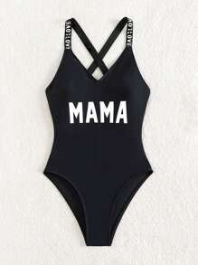 SHEIN Swim Traje de baño de una sola pieza con gráfico de carta y cruzado en la espalda para mamá y yo, conjunto de trajes a juego (se venden 2 piezas por separado), verano en la playa. - Negro - Ver 5