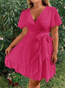 Flirla Plus Size Women's Summer Overlap V-Neck Ruffled Short Sleeve Dress Vacation Beach Outfit - Hot Pink - View 5