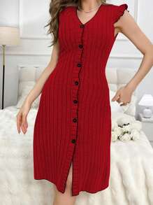 Ladies' V-Neck Button Front Color Block House Dress - Red - View 4