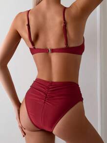 SHEIN Swim Women's Solid Color Beach Holiday Ruched Bikini Set Summer - Red - View 2