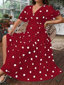 Flirla 大尺碼女性夏季圓點印花v領短泡袖長裙 - 酒紅色 - 查看 3