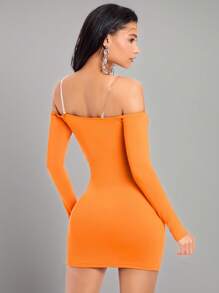 SHEIN BAE 橙色精緻的鑽石裝飾露肩和胸前透視分裂迷你優雅派對禮服 - 橘色 - 查看 2