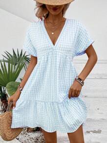 EMERY ROSE Women V-Neck Plaid Vacation Style Short Sleeve Dress